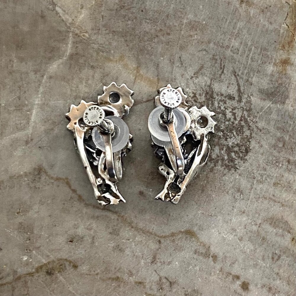 VTG Sterling Silver 925 Marcasite Flower Floral Dainty Screwback Earrings - Picture 5 of 12